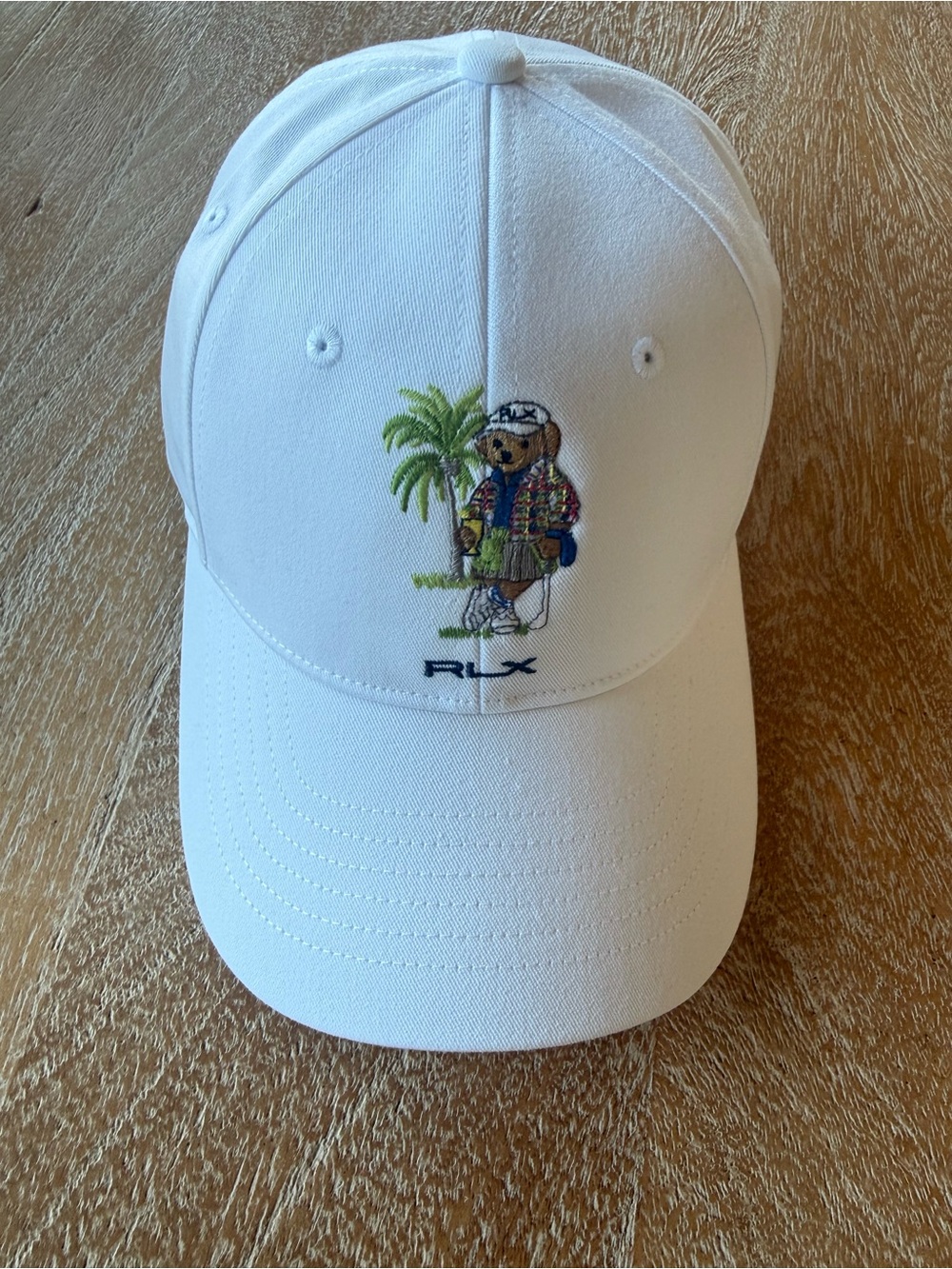 RLX Ralph Lauren White Baseball Cap with Embroidered Polo Bear